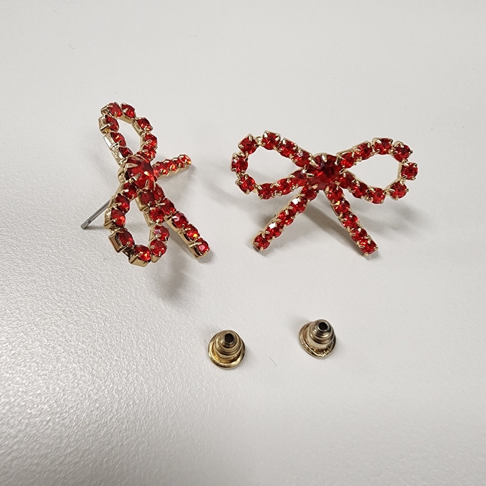 Vibrant Ruby-red Rhinestone Bow Post-back Stud Earrings Gold-tone Classy Party